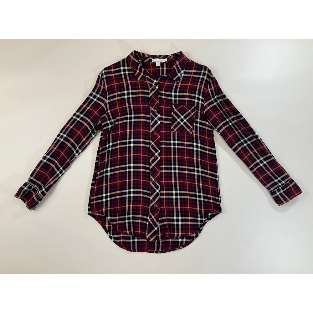 Threads 4 Thought Women M Burgundy Plaid Shirt 100% Lenzing Viscose Button Up